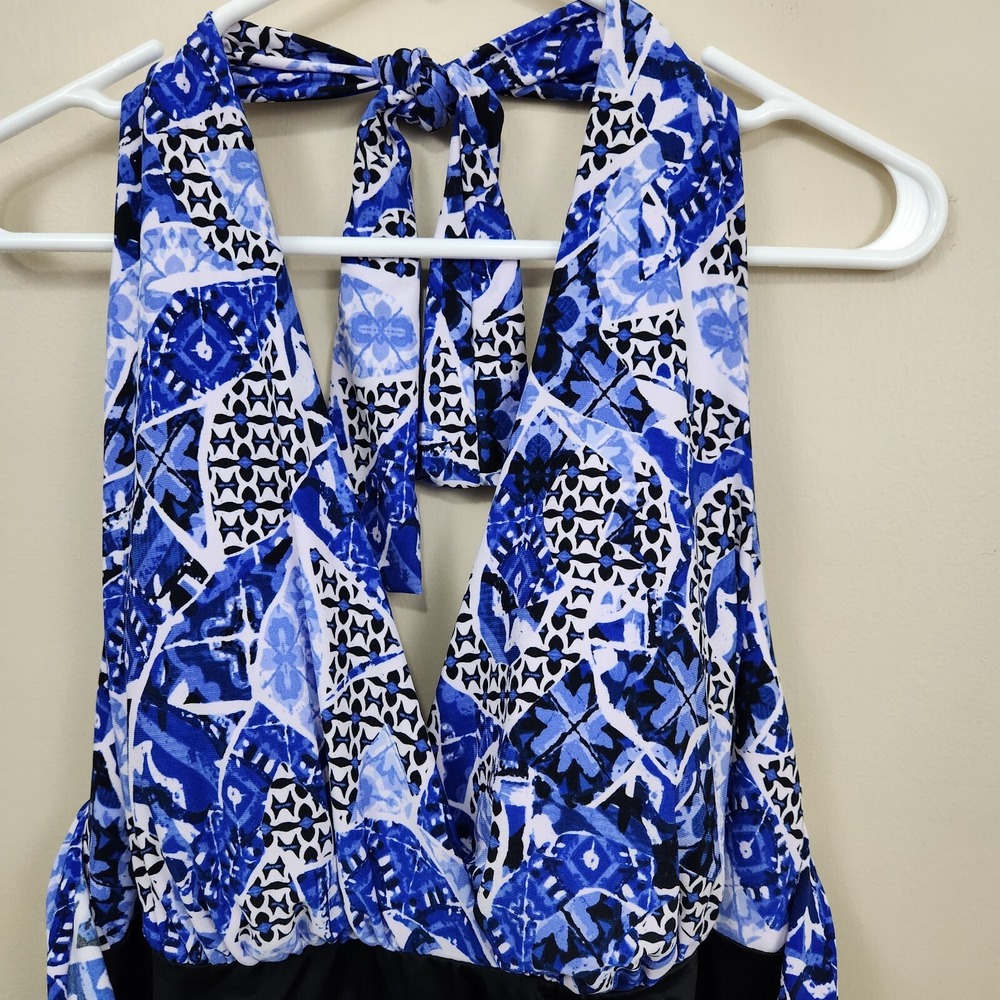 TRIMSHAPER Slimming Backless Deep V-Neck Halter Top Swimming Blue Black SZ 16W‎
